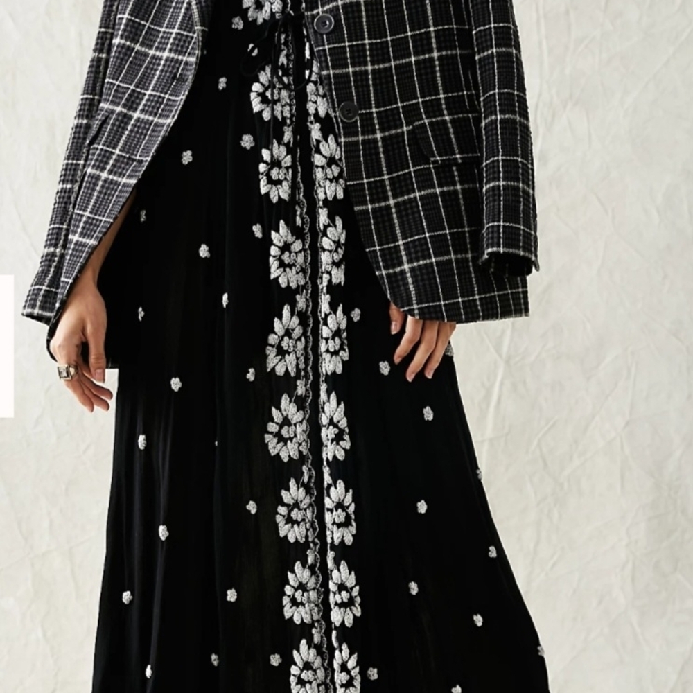 Free People Embroideres Fable Black Midi Dress with White Floral Embroidery